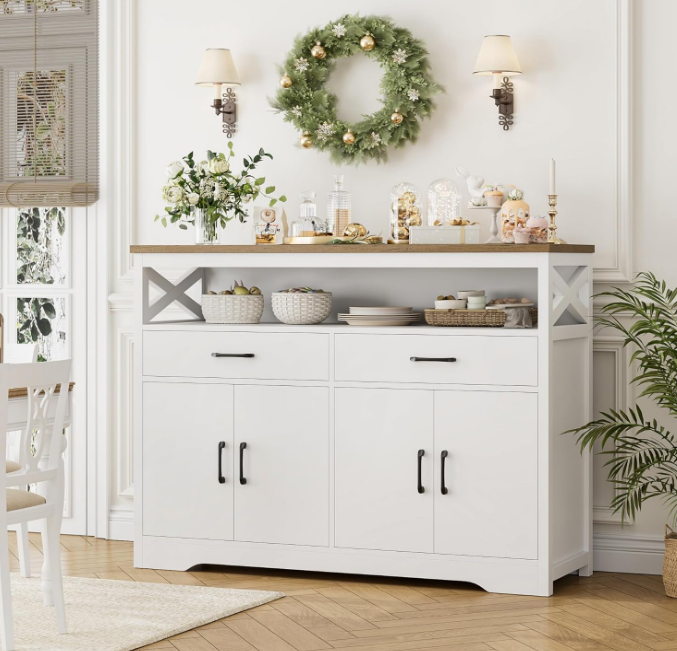 47" Modern Farmhouse Sideboard Buffet Cabinet, Wood Buffet Storage Cabinet with Drawers & Shelves, Large Coffee Bar Cabinet with Storage, Microwave Stand for Kitchen, Dining Room, White Brown