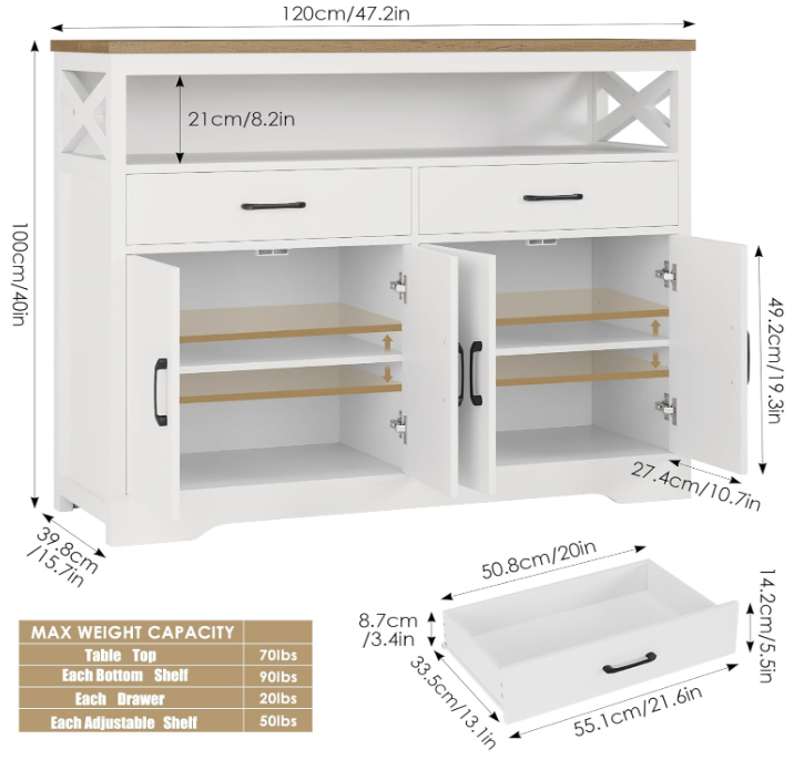 47" Modern Farmhouse Sideboard Buffet Cabinet, Wood Buffet Storage Cabinet with Drawers & Shelves, Large Coffee Bar Cabinet with Storage, Microwave Stand for Kitchen, Dining Room, White Brown