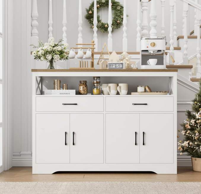 47" Modern Farmhouse Sideboard Buffet Cabinet, Wood Buffet Storage Cabinet with Drawers & Shelves, Large Coffee Bar Cabinet with Storage, Microwave Stand for Kitchen, Dining Room, White Brown