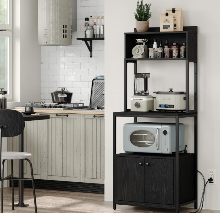 5-Tier Kitchen Bakers Rack with Power Outlet, Industrial Microwave Oven Stand with Storage, Kitchen Storage Shelf with Cabinet, Coffee cart, Standing Kitchen Storage Rack (Black)