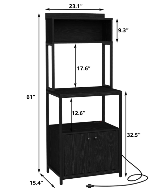 5-Tier Kitchen Bakers Rack with Power Outlet, Industrial Microwave Oven Stand with Storage, Kitchen Storage Shelf with Cabinet, Coffee cart, Standing Kitchen Storage Rack (Black)