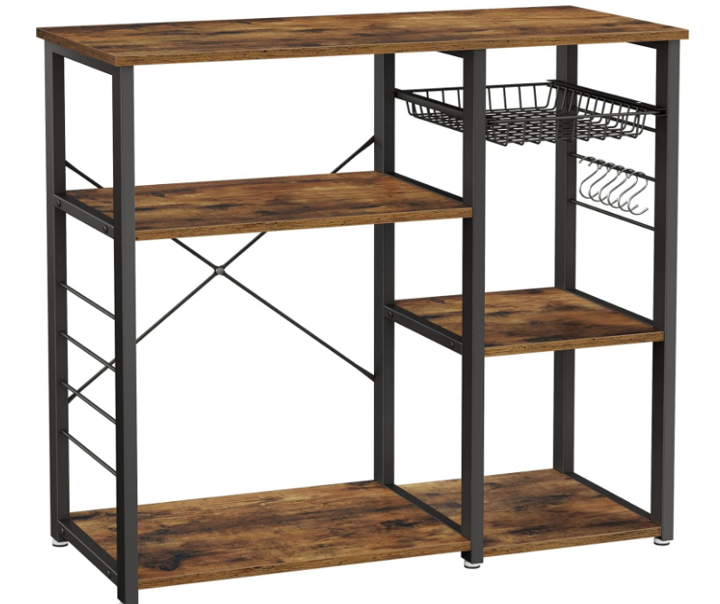 ALINRU Kitchen Baker’s Rack, Coffee Bar, Microwave Oven Stand, with Steel Frame, Wire Basket, 6 Hooks, 35.4", Rustic Brown