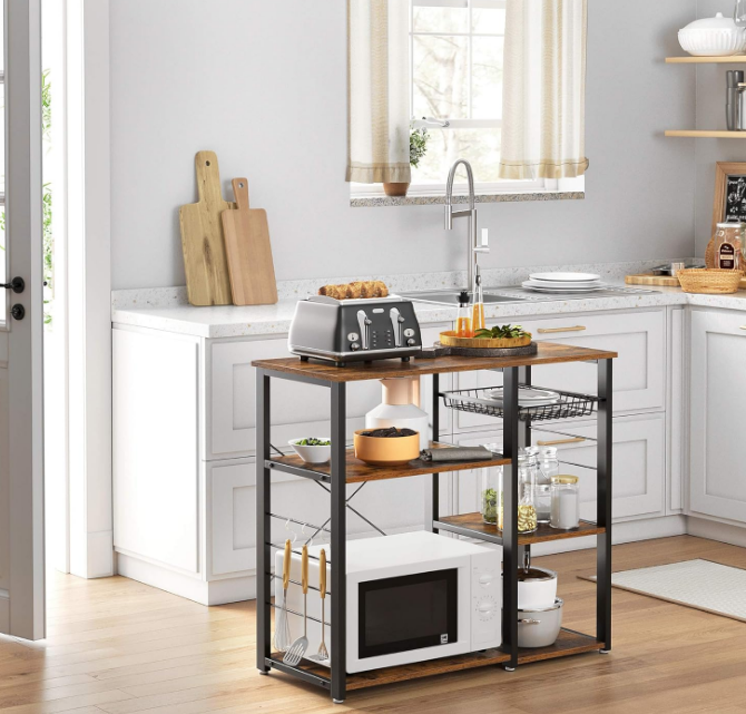 ALINRU Kitchen Baker’s Rack, Coffee Bar, Microwave Oven Stand, with Steel Frame, Wire Basket, 6 Hooks, 35.4", Rustic Brown