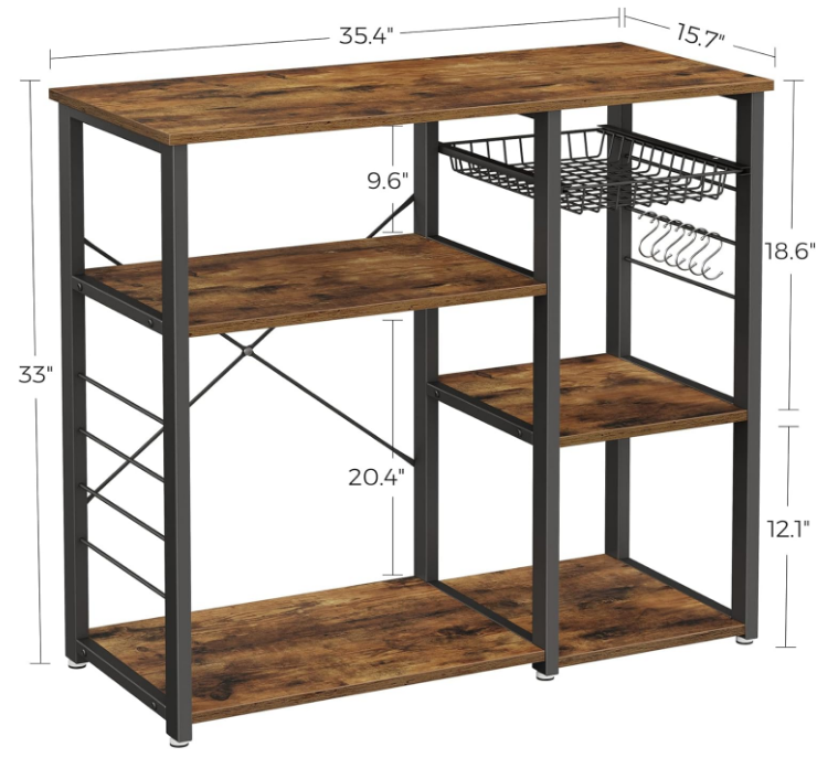 ALINRU Kitchen Baker’s Rack, Coffee Bar, Microwave Oven Stand, with Steel Frame, Wire Basket, 6 Hooks, 35.4", Rustic Brown