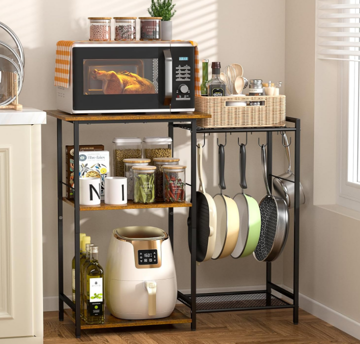 Stand with Pots Rack, Utility Microwave Oven Stand with Storage, 5 Tiers Coffee Bar Table, Small Kitchen Bakers Rack with 6 S Hooks, Kitchen Storage Shelf Rack for Spices, Pots, Rustic Brown