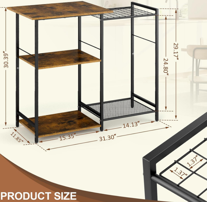Stand with Pots Rack, Utility Microwave Oven Stand with Storage, 5 Tiers Coffee Bar Table, Small Kitchen Bakers Rack with 6 S Hooks, Kitchen Storage Shelf Rack for Spices, Pots, Rustic Brown