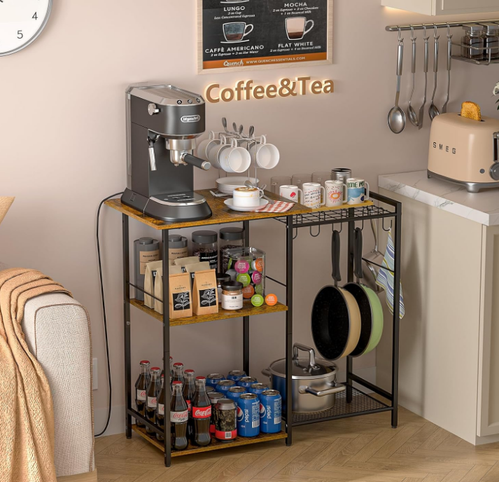 Stand with Pots Rack, Utility Microwave Oven Stand with Storage, 5 Tiers Coffee Bar Table, Small Kitchen Bakers Rack with 6 S Hooks, Kitchen Storage Shelf Rack for Spices, Pots, Rustic Brown