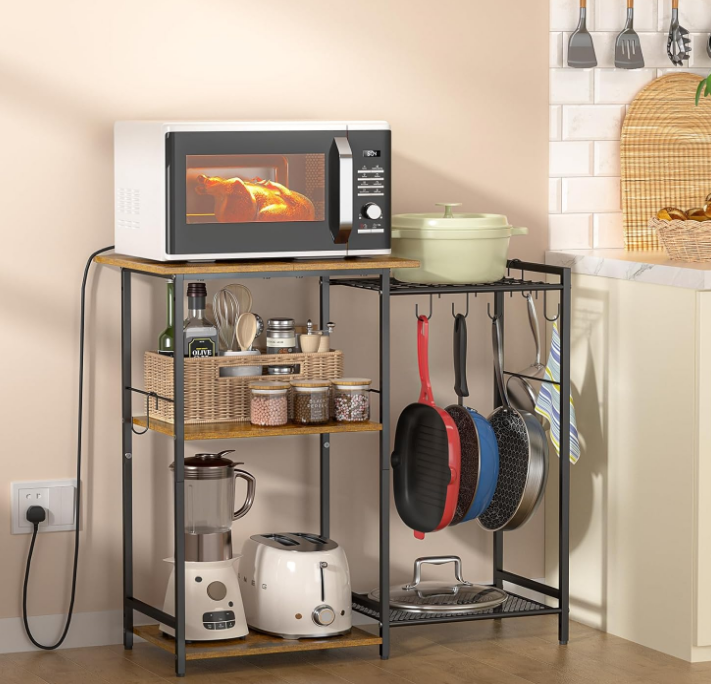 Stand with Pots Rack, Utility Microwave Oven Stand with Storage, 5 Tiers Coffee Bar Table, Small Kitchen Bakers Rack with 6 S Hooks, Kitchen Storage Shelf Rack for Spices, Pots, Rustic Brown