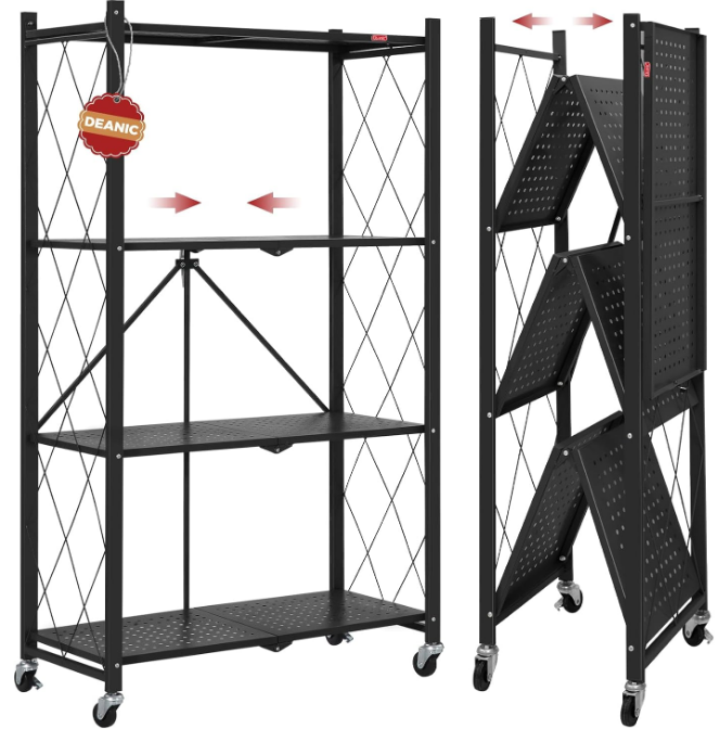  4 Tier Foldable Storage Shelves with Wheels, Large Capacity Shelving Unit, Freestanding Metal Wire Shelf Rack, No Assembly Organizer Rack for Garage Kitchen, Basement, Pantry(Black)