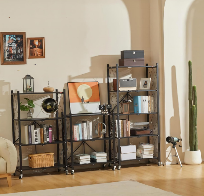  4 Tier Foldable Storage Shelves with Wheels, Large Capacity Shelving Unit, Freestanding Metal Wire Shelf Rack, No Assembly Organizer Rack for Garage Kitchen, Basement, Pantry(Black)