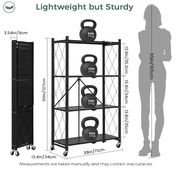  4 Tier Foldable Storage Shelves with Wheels, Large Capacity Shelving Unit, Freestanding Metal Wire Shelf Rack, No Assembly Organizer Rack for Garage Kitchen, Basement, Pantry(Black)