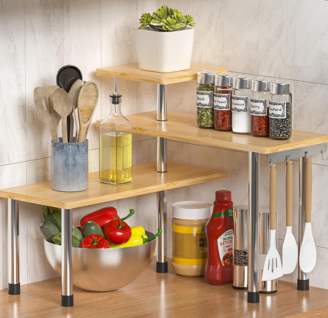 Kitchen Countertop Organizer Corner Shelf - 3 Tier Bathroom Storage Display Counter Shelves Bamboo Spice Rack Desk Bookshelf with Hooks