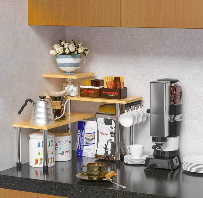 Kitchen Countertop Organizer Corner Shelf - 3 Tier Bathroom Storage Display Counter Shelves Bamboo Spice Rack Desk Bookshelf with Hooks