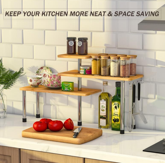 Kitchen Countertop Organizer Corner Shelf - 3 Tier Bathroom Storage Display Counter Shelves Bamboo Spice Rack Desk Bookshelf with Hooks