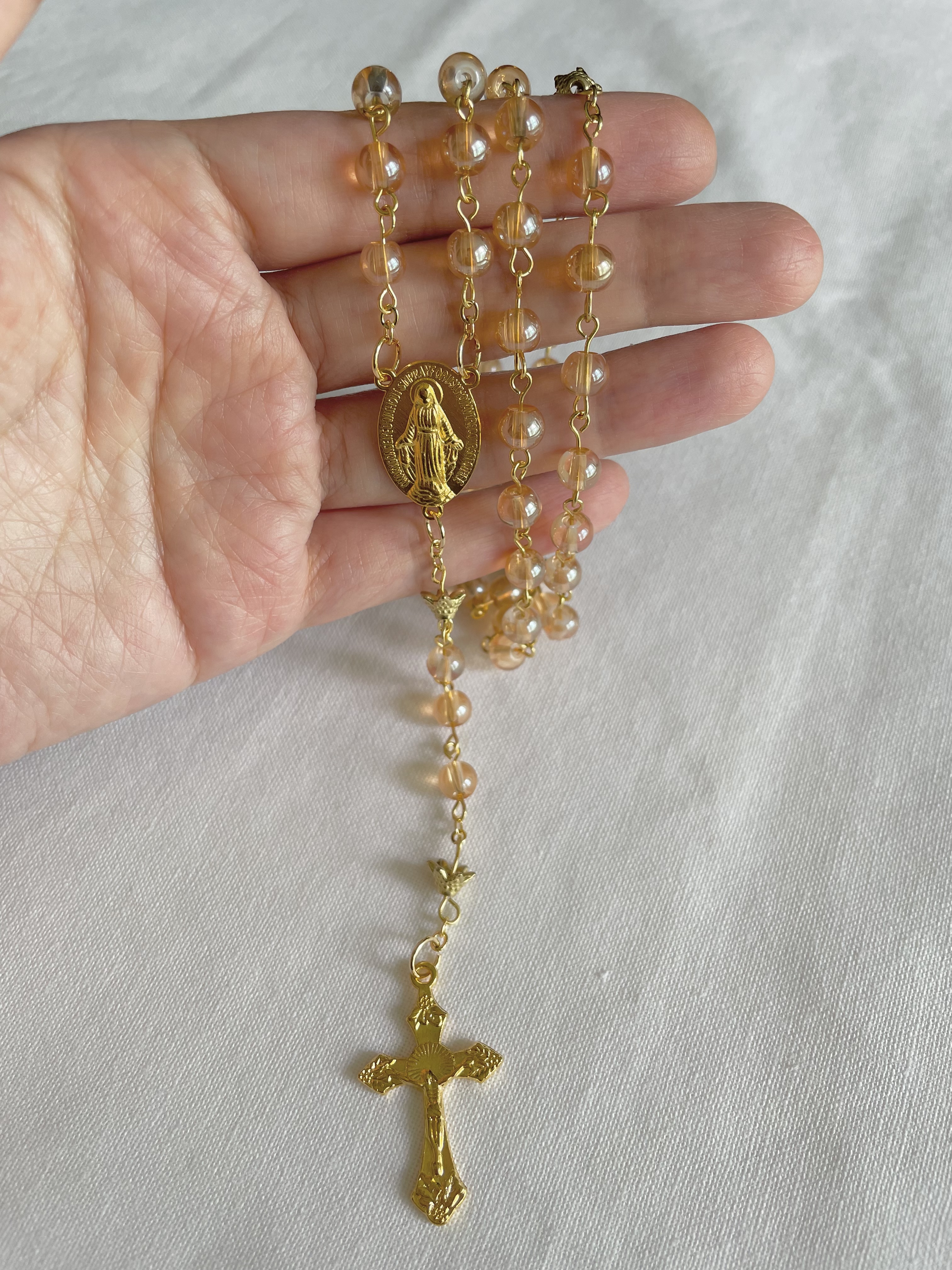 Deep Pink Glass Rosary with Gold Accents