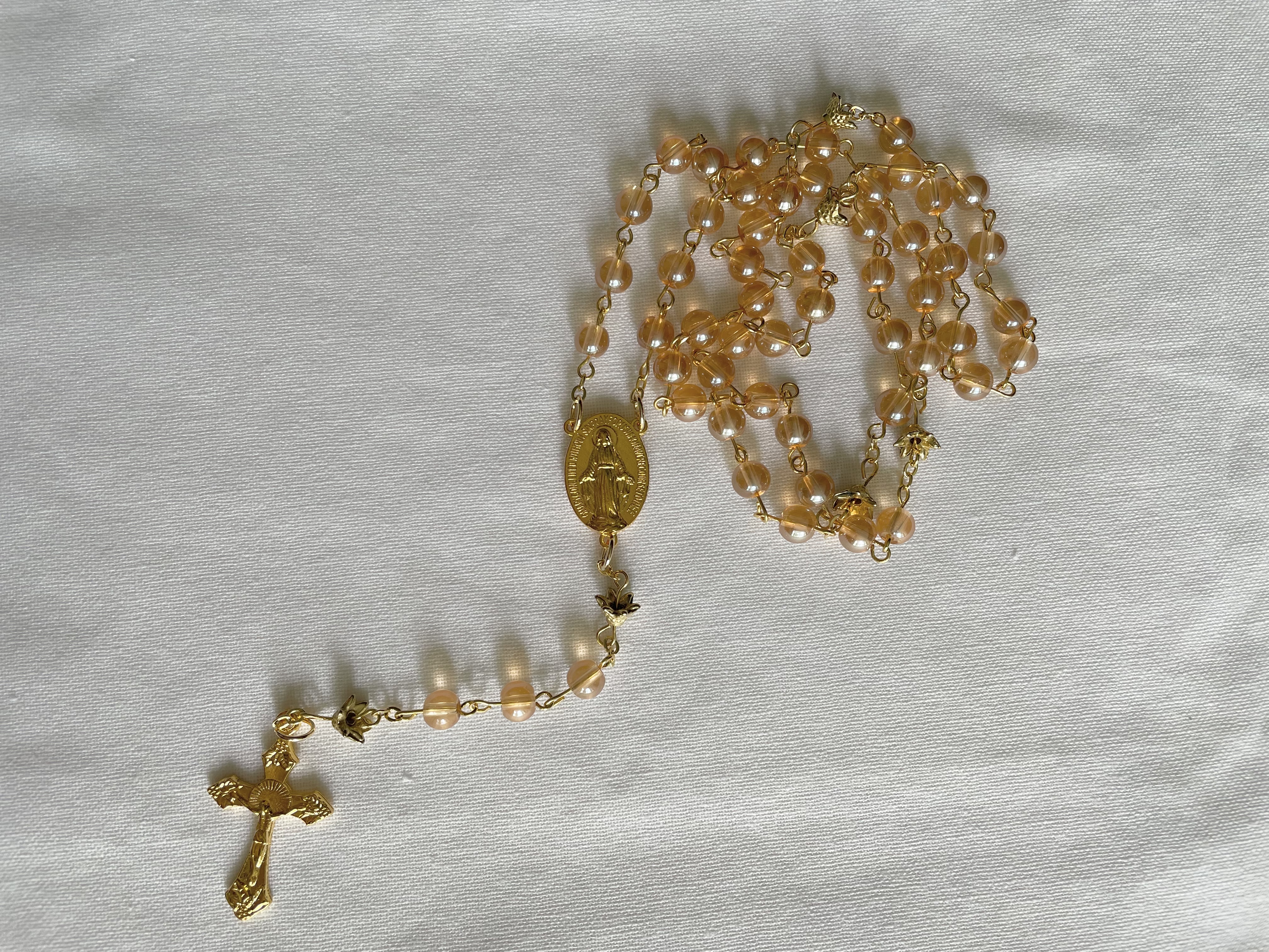 Deep Pink Glass Rosary with Gold Accents