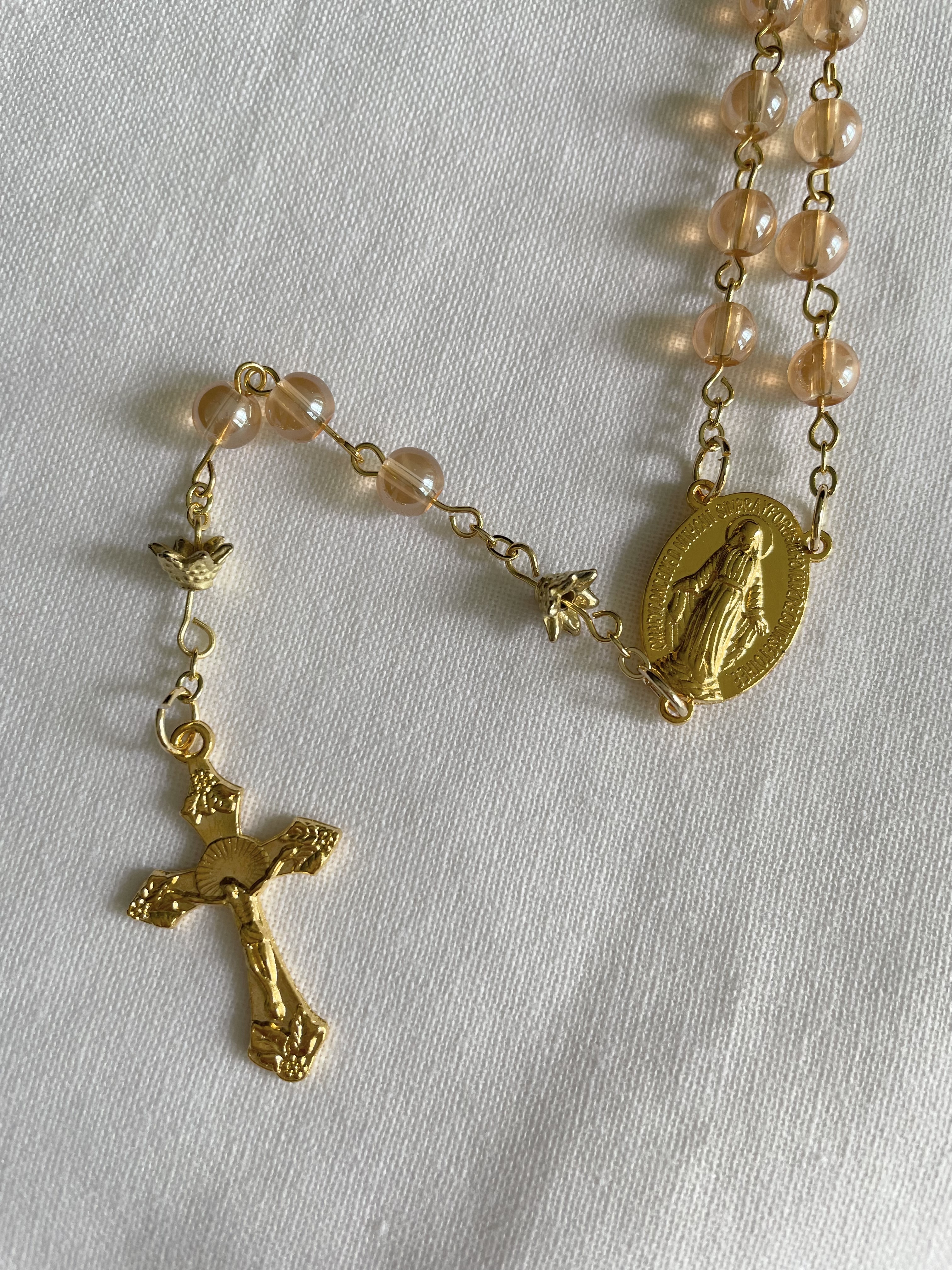 Deep Pink Glass Rosary with Gold Accents
