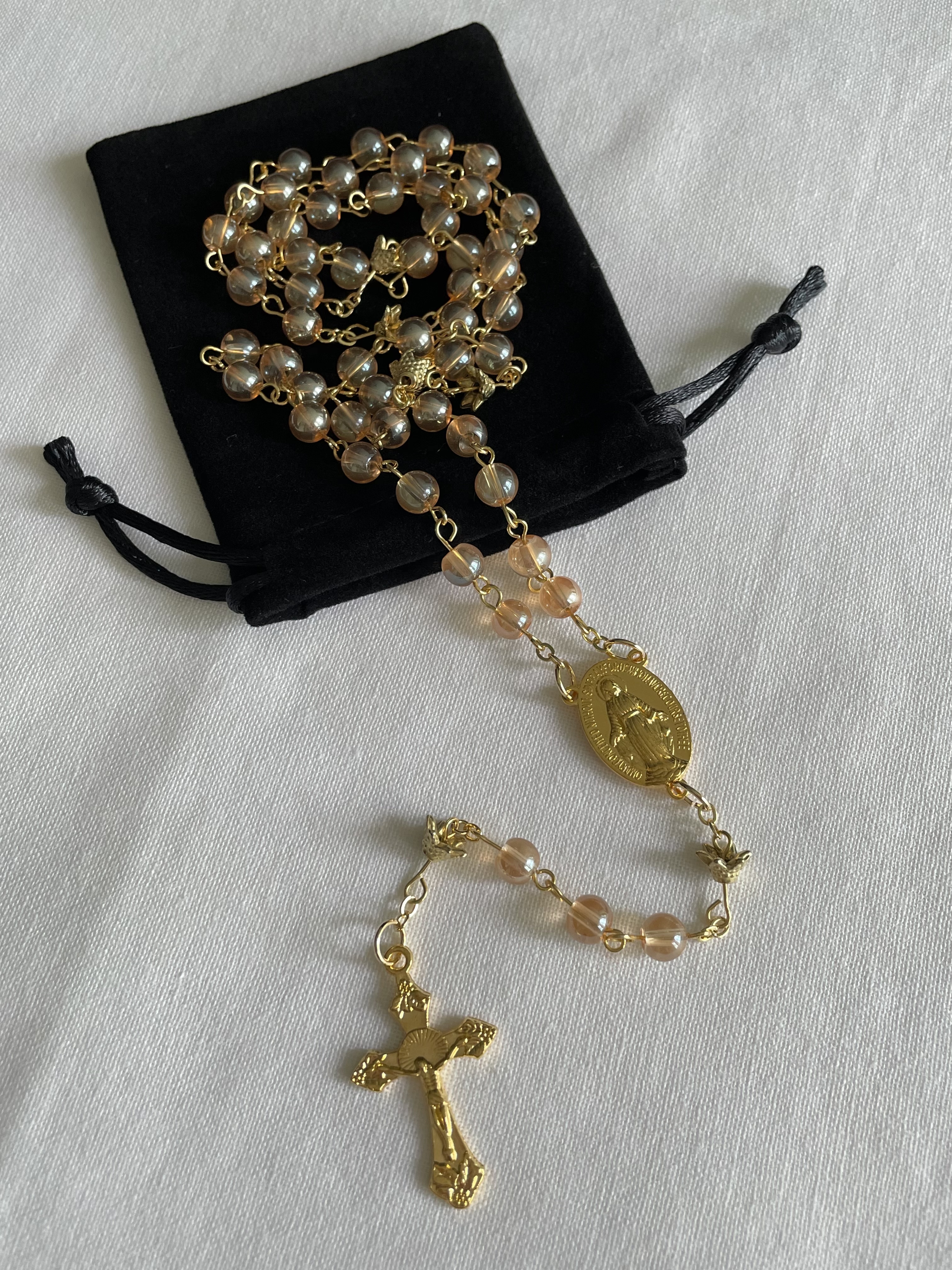 Deep Pink Glass Rosary with Gold Accents
