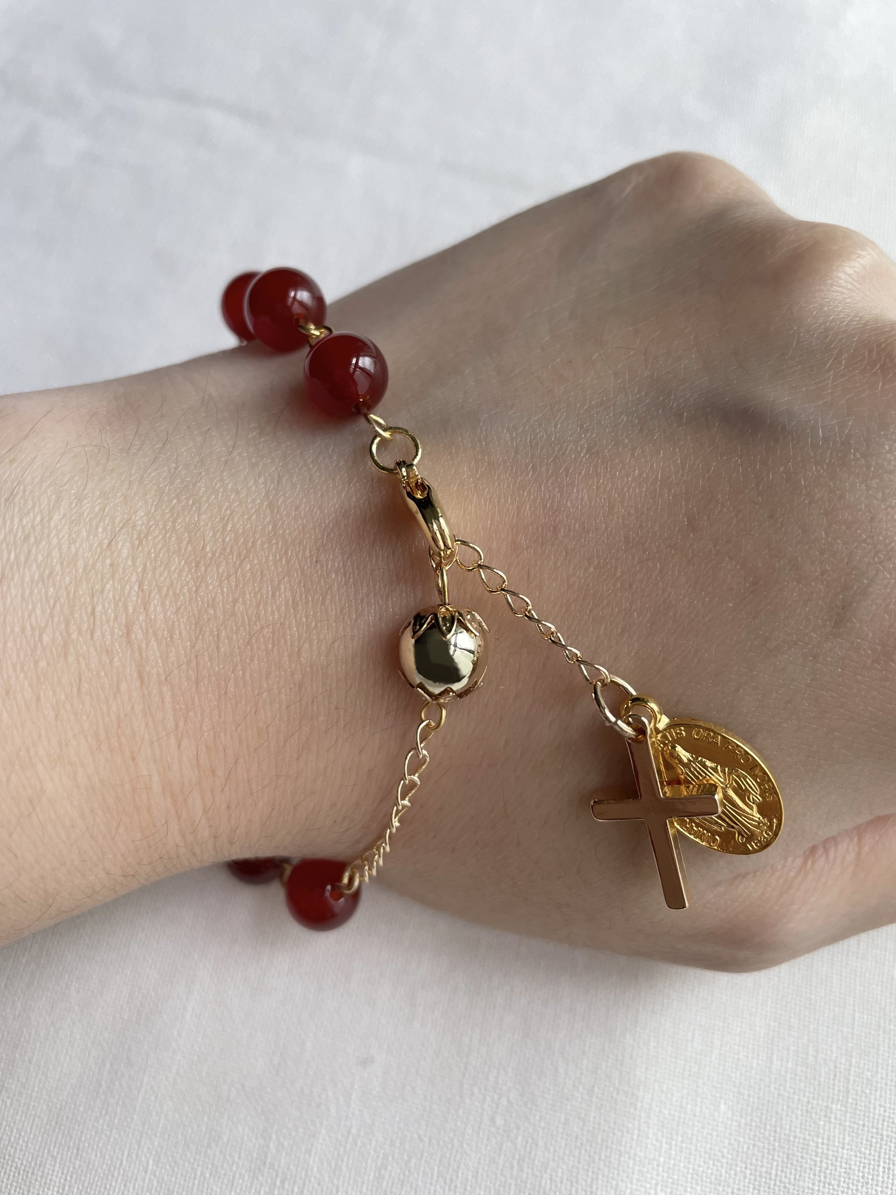 Red Agate Rosary Bracelet with Gold Accents