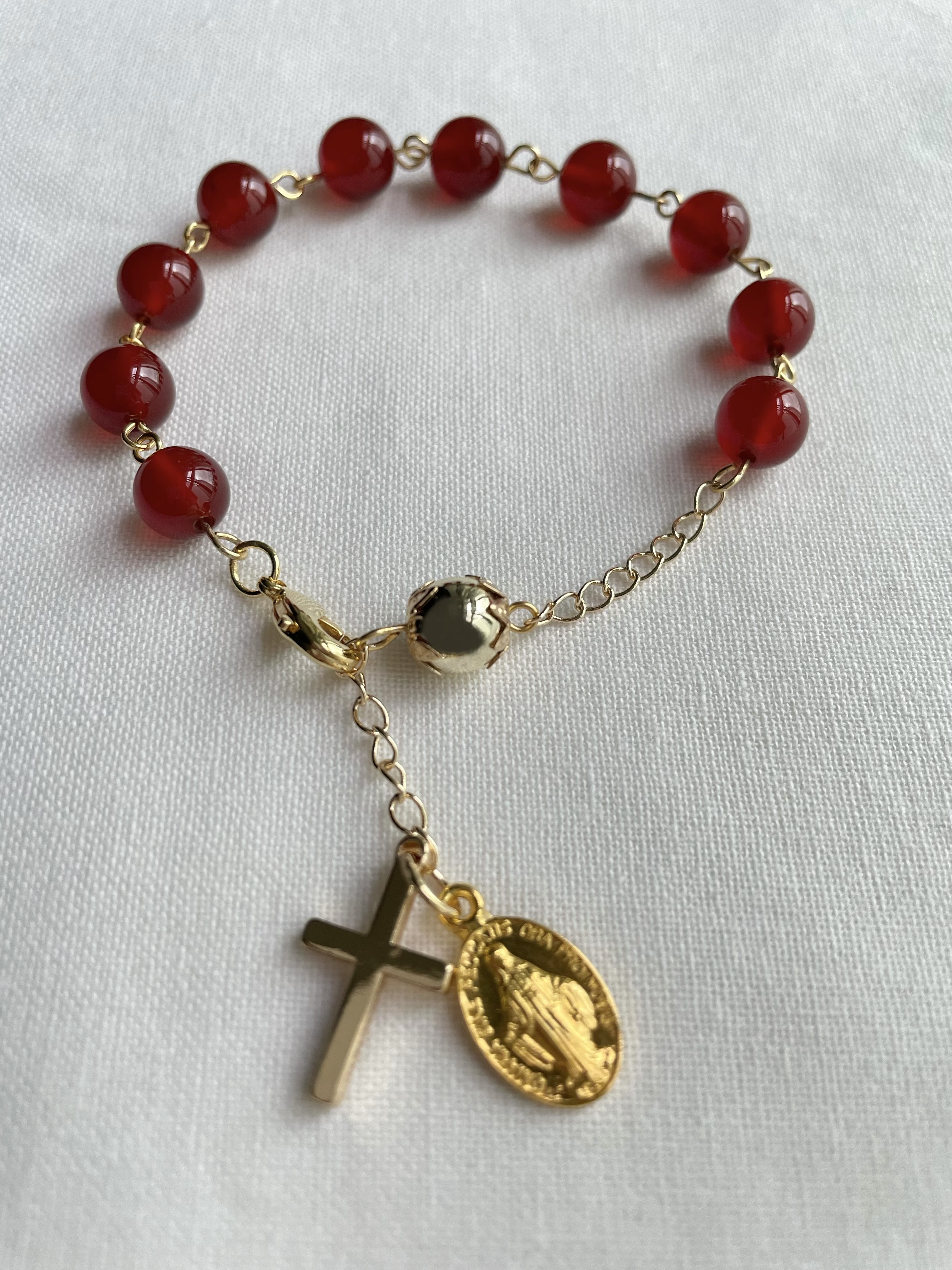 Red Agate Rosary Bracelet with Gold Accents