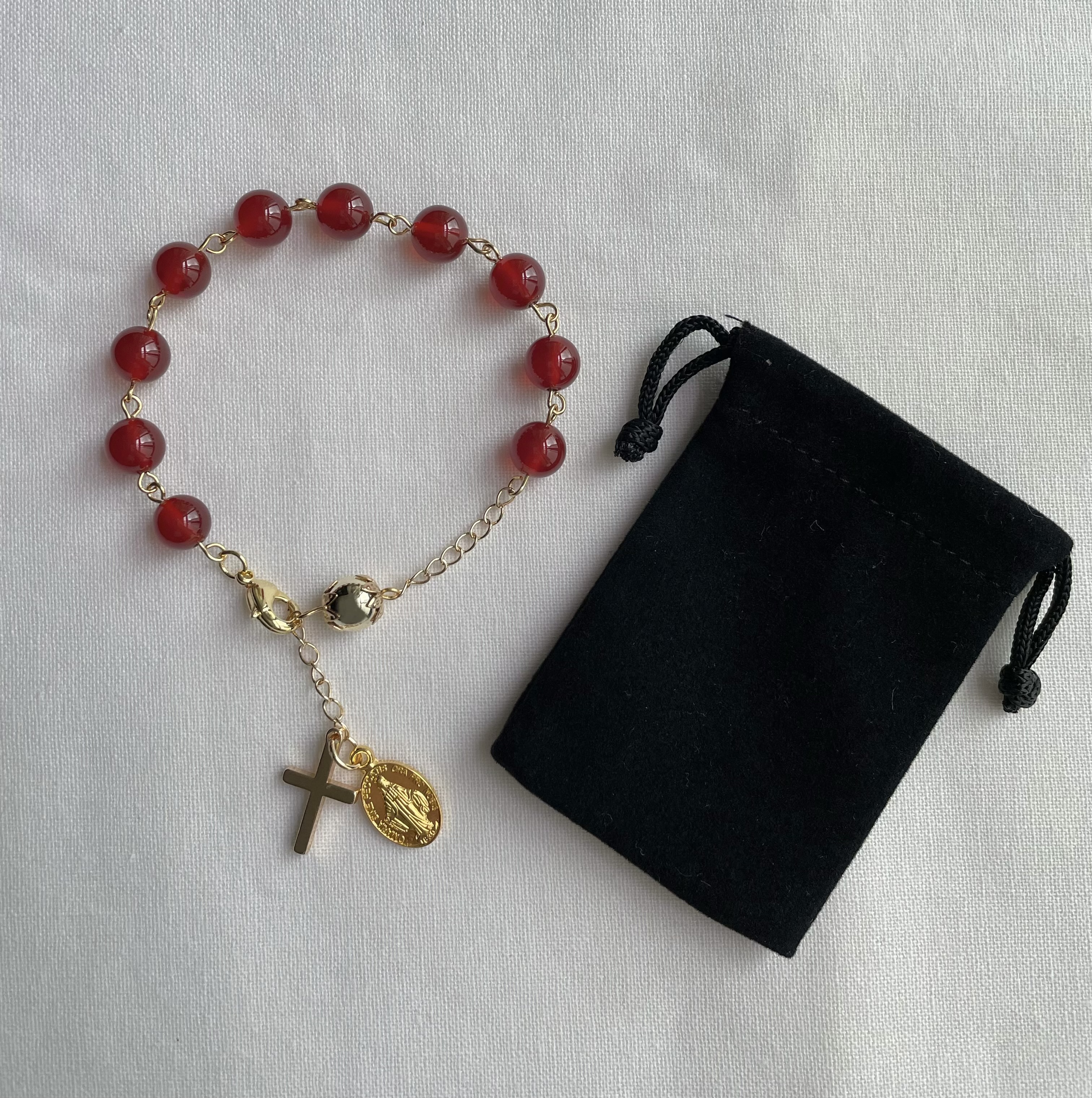 Red Agate Rosary Bracelet with Gold Accents