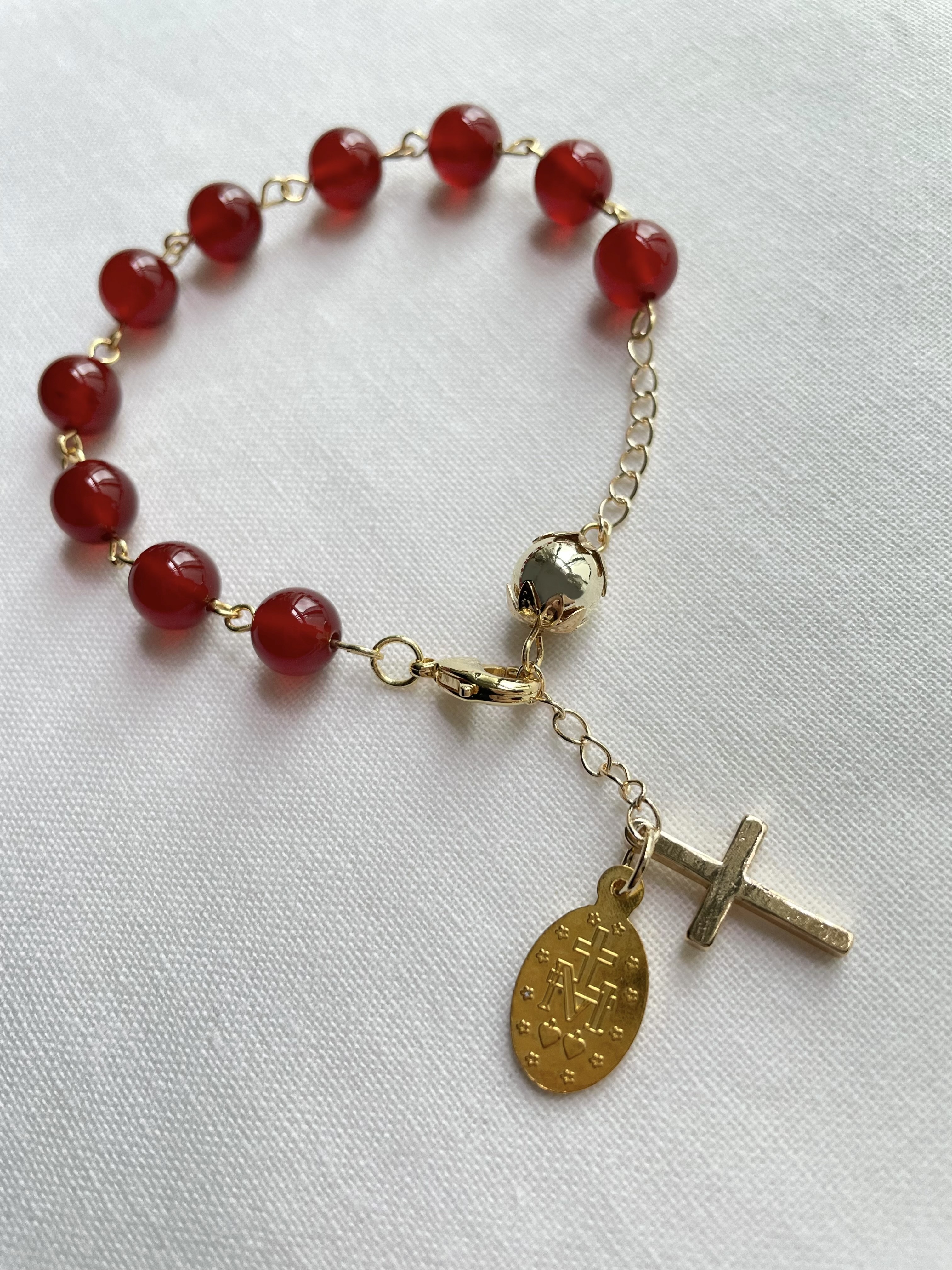 Red Agate Rosary Bracelet with Gold Accents