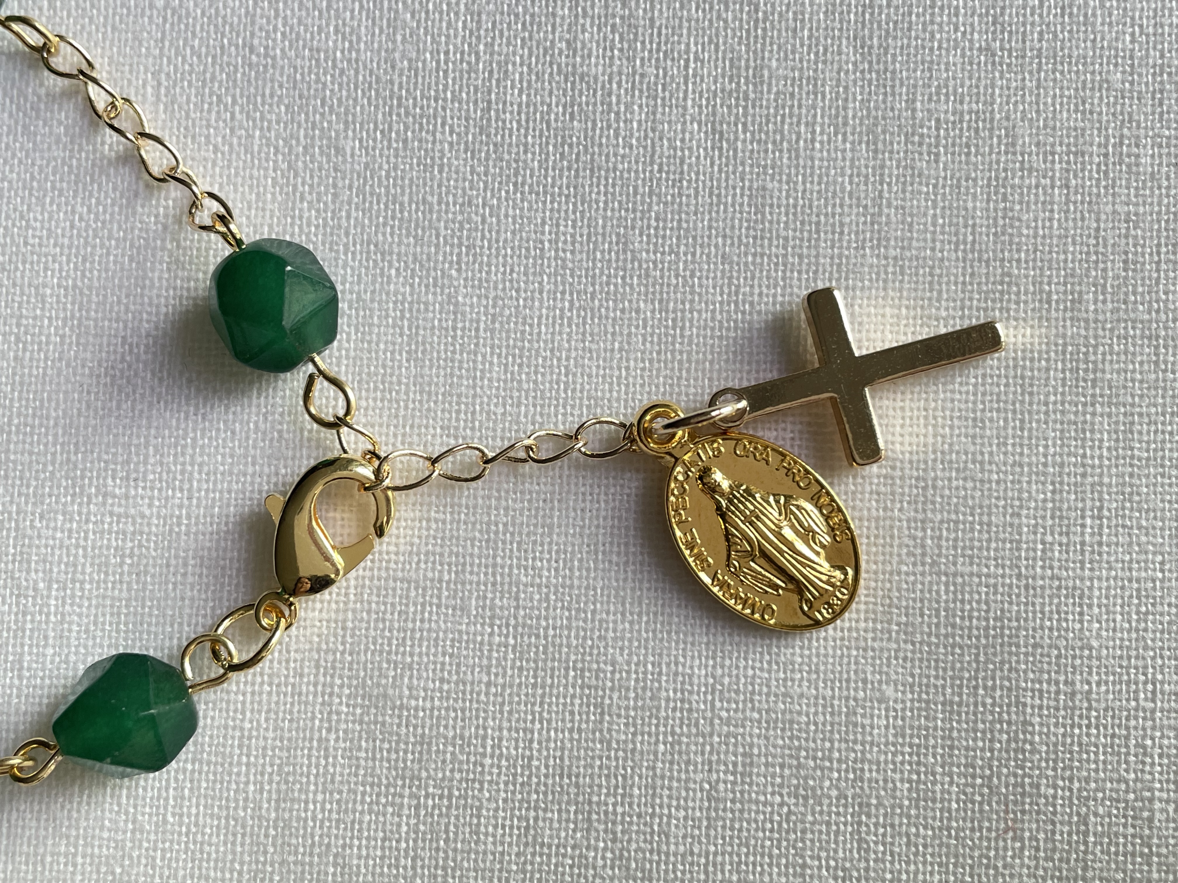 Dark Green Faceted Stone Rosary Bracelet with Gold Accents