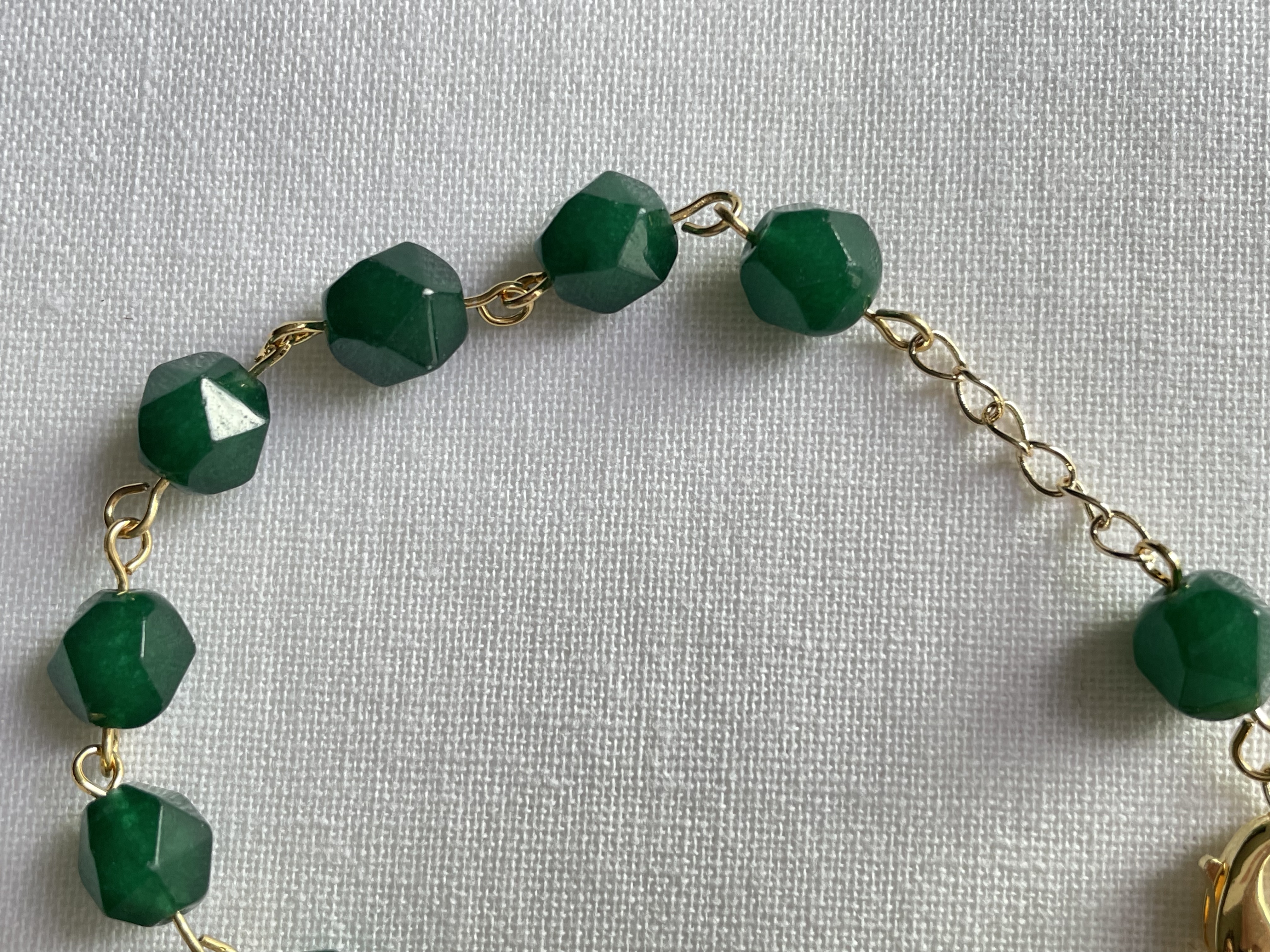 Dark Green Faceted Stone Rosary Bracelet with Gold Accents