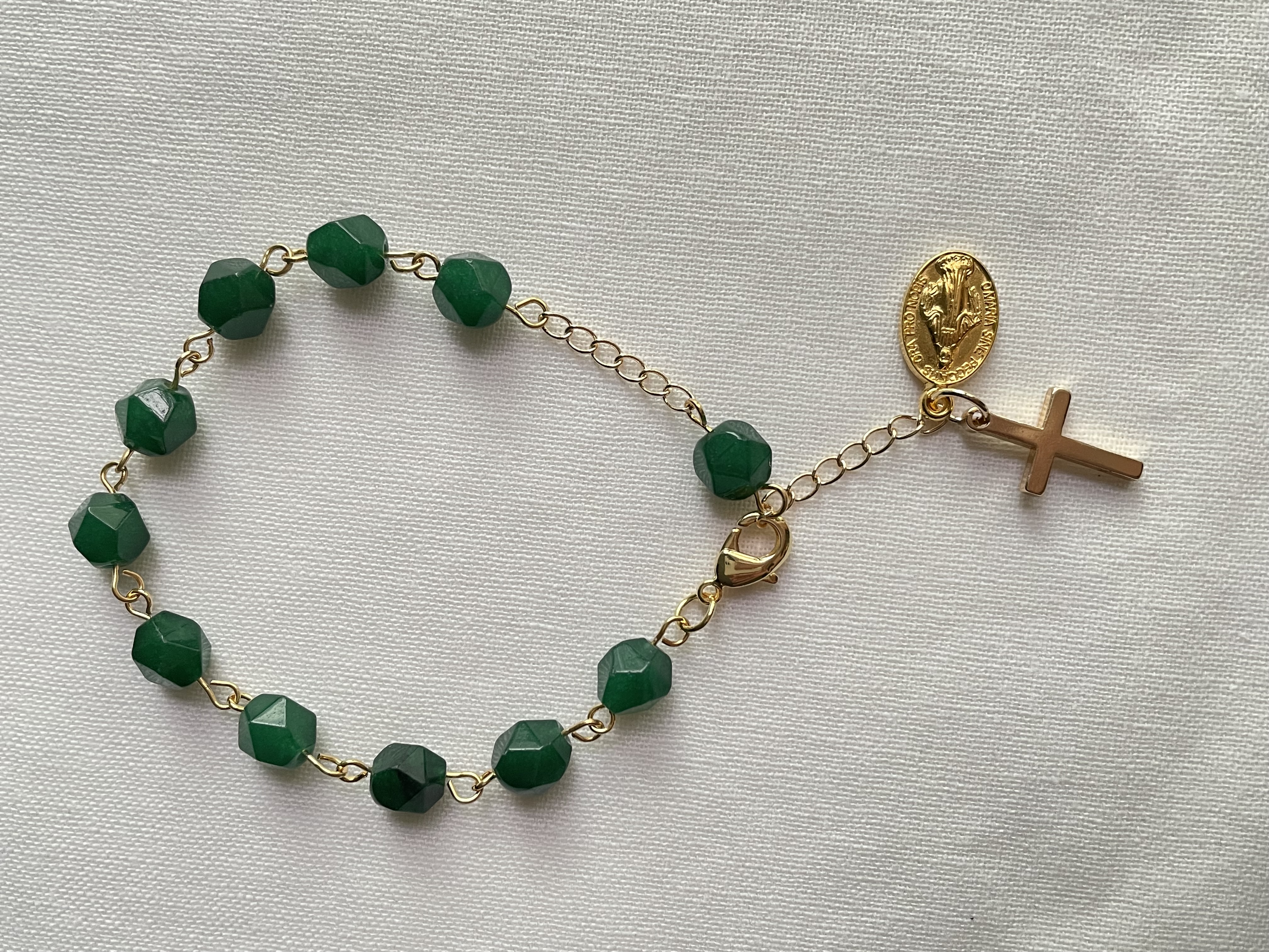 Dark Green Faceted Stone Rosary Bracelet with Gold Accents