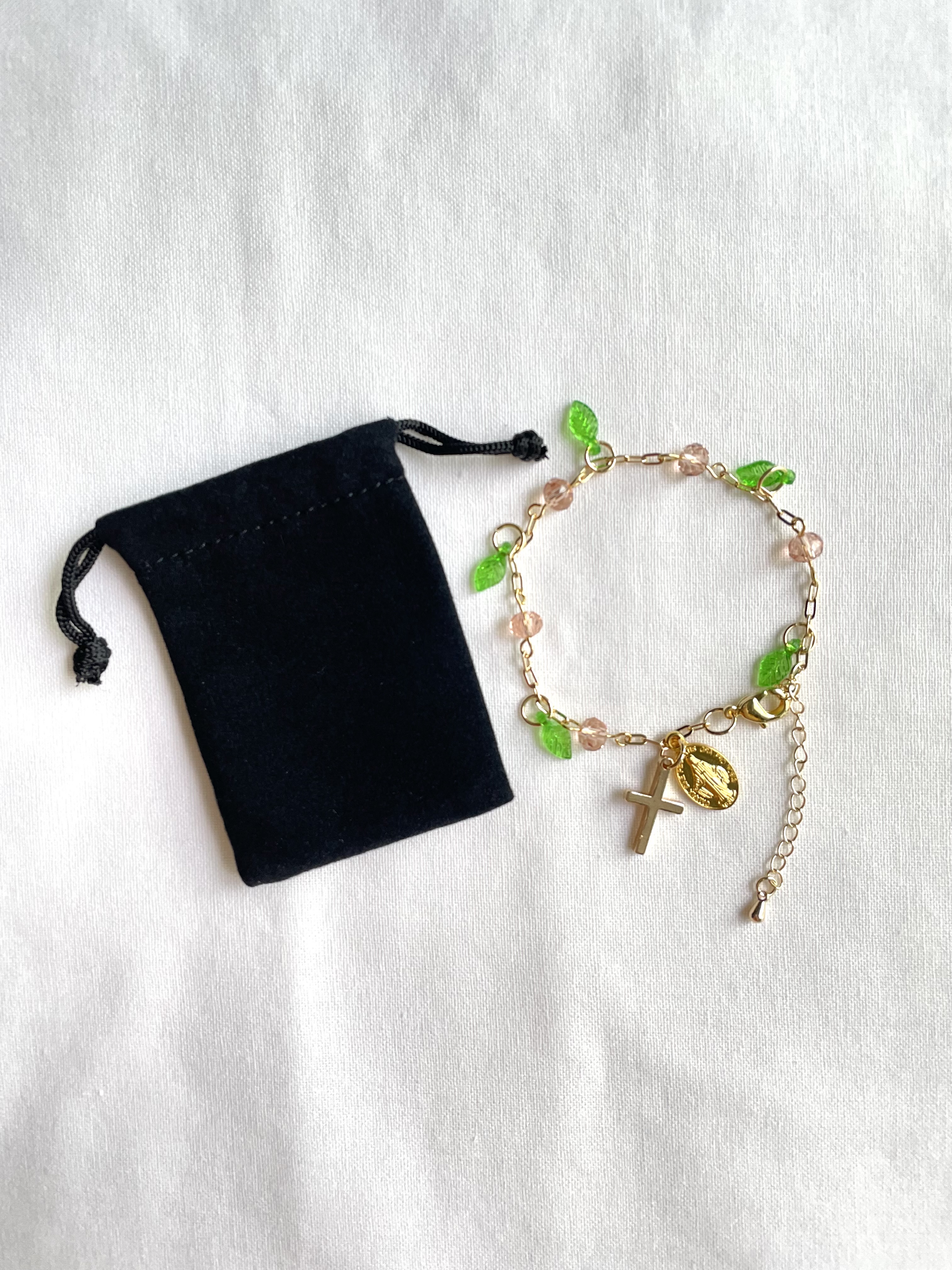 Pink Rose Vine Catholic Bracelet with Gold Accents
