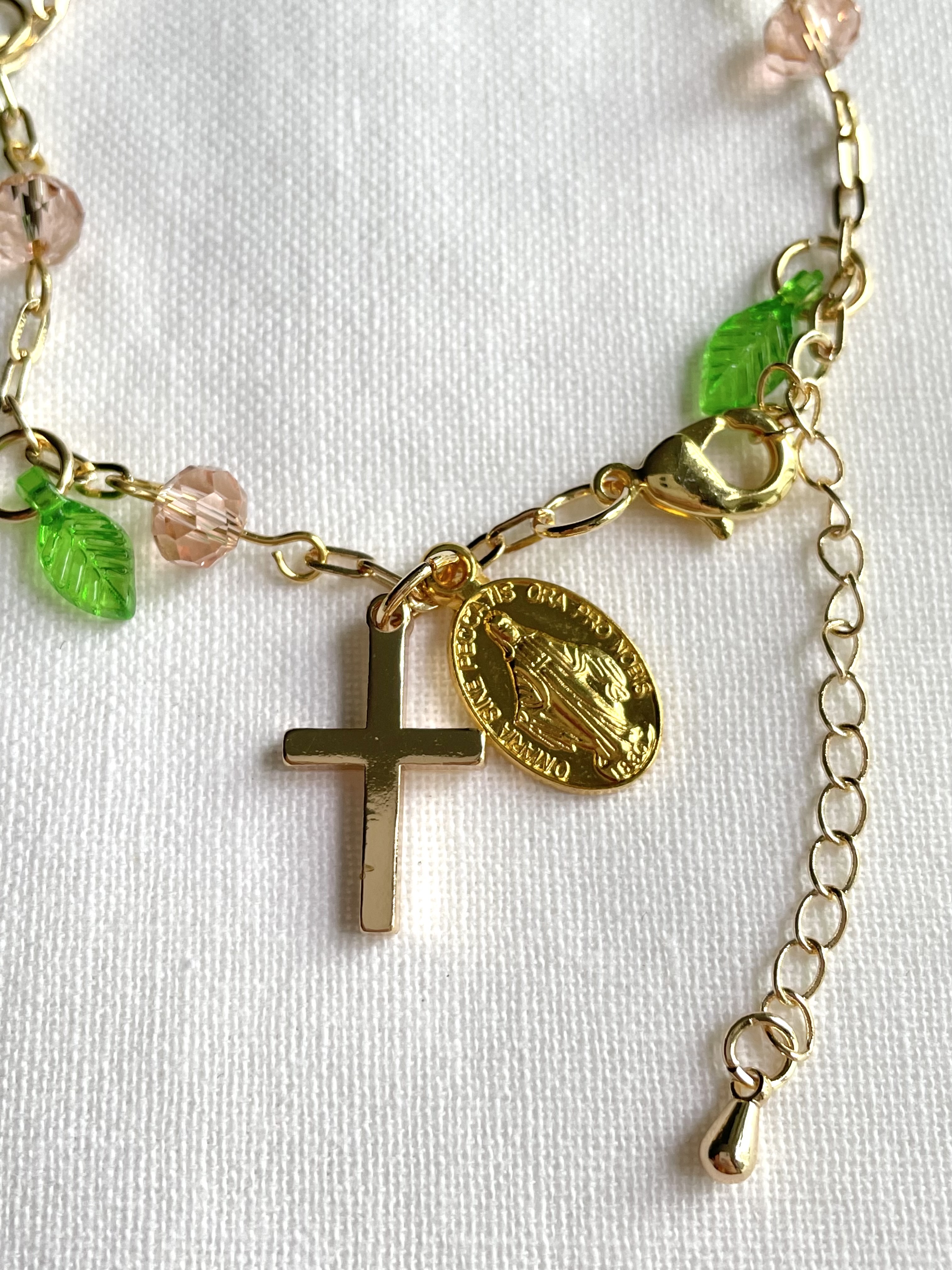 Pink Rose Vine Catholic Bracelet with Gold Accents