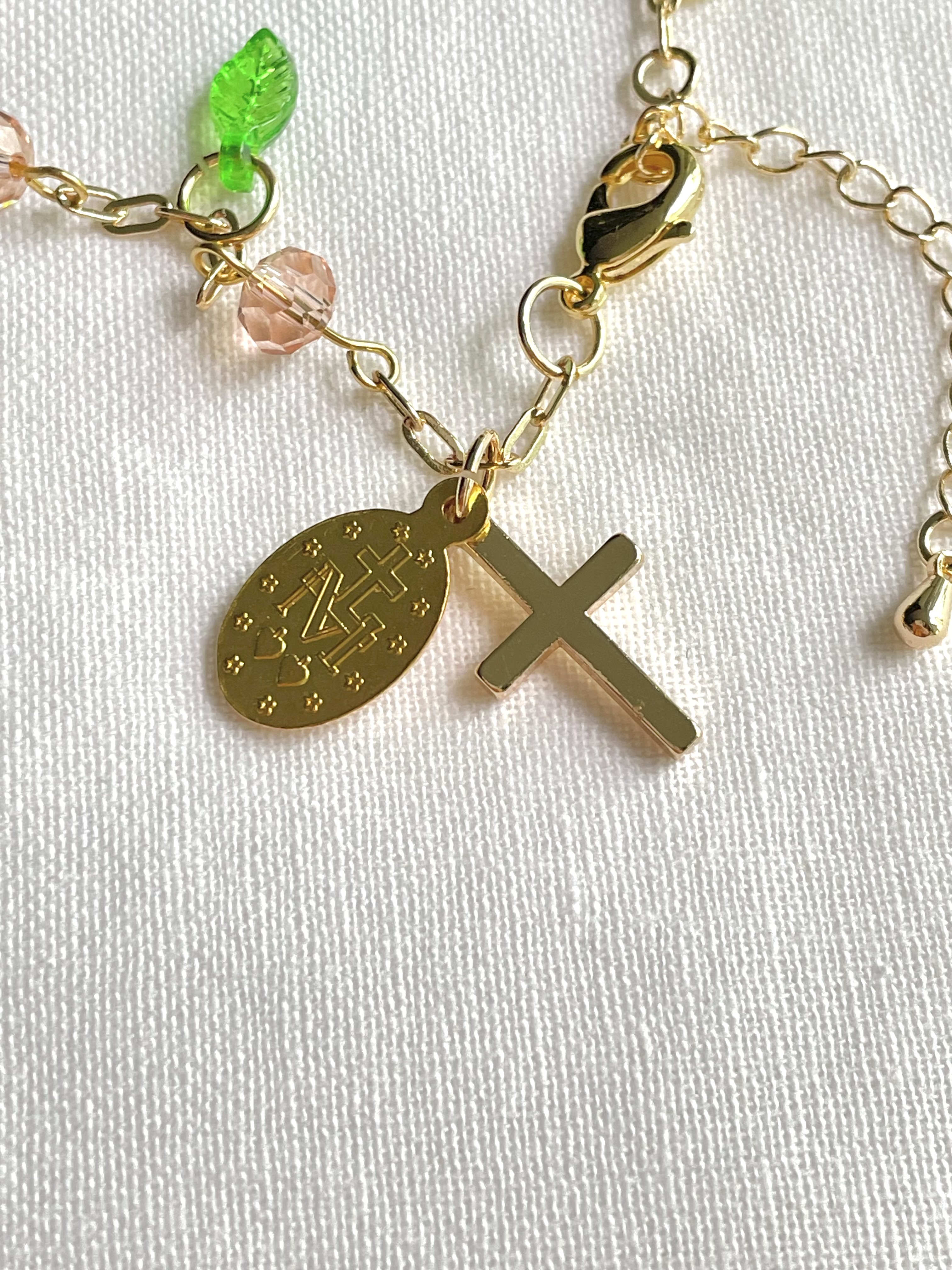 Pink Rose Vine Catholic Bracelet with Gold Accents