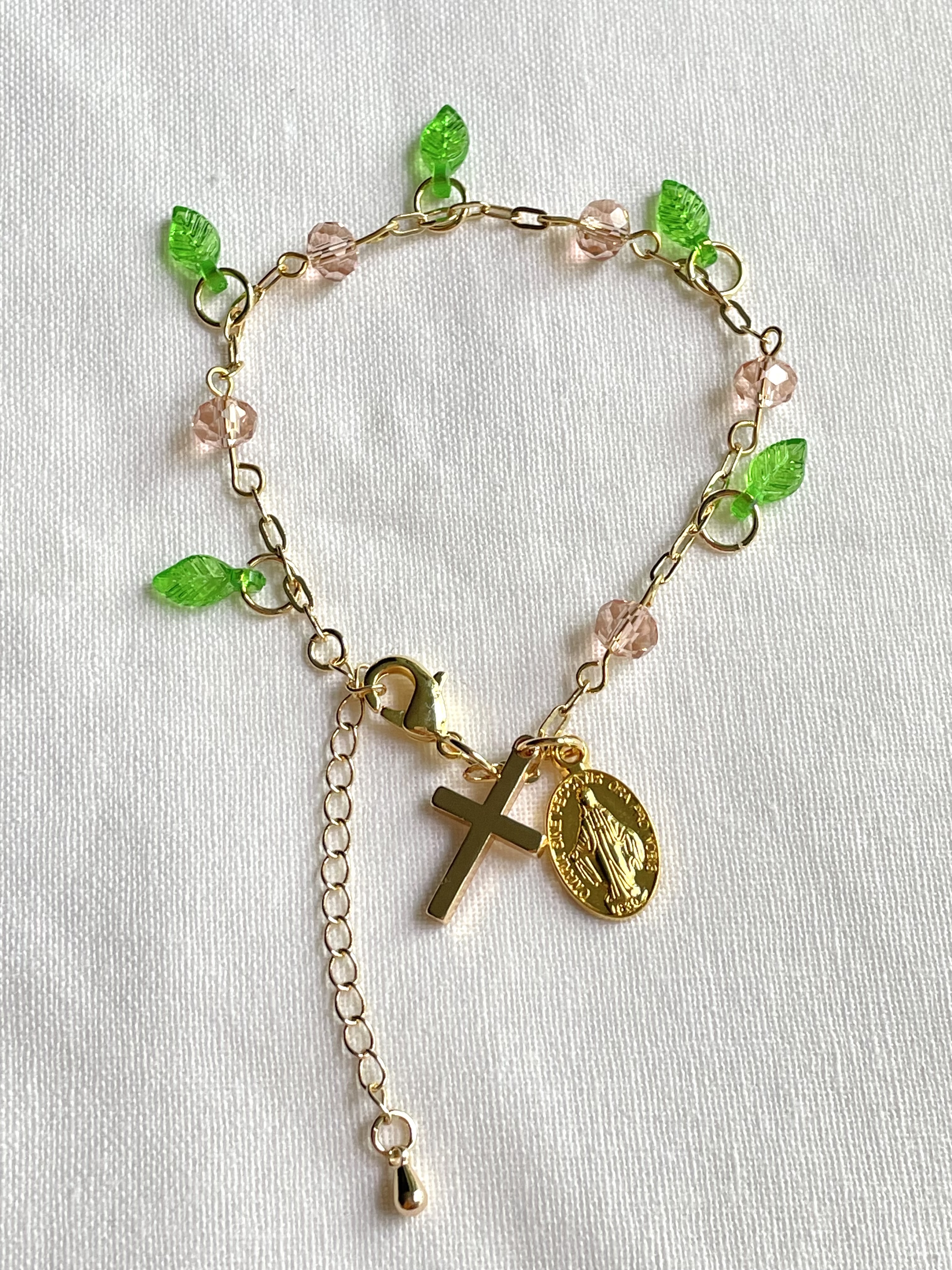 Pink Rose Vine Catholic Bracelet with Gold Accents