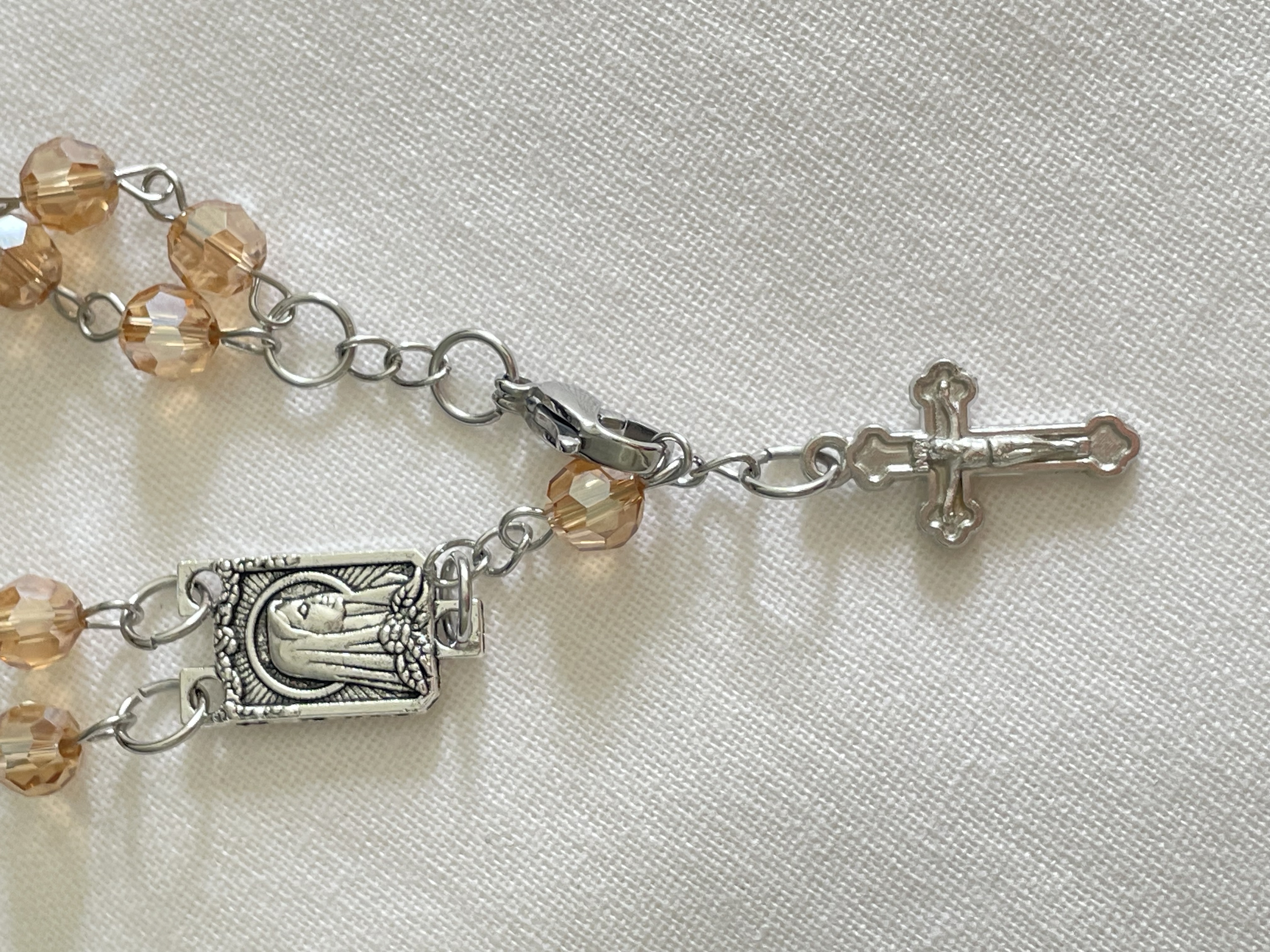2 Decade Gold Champagne Faceted Glass Rosary Bracelet