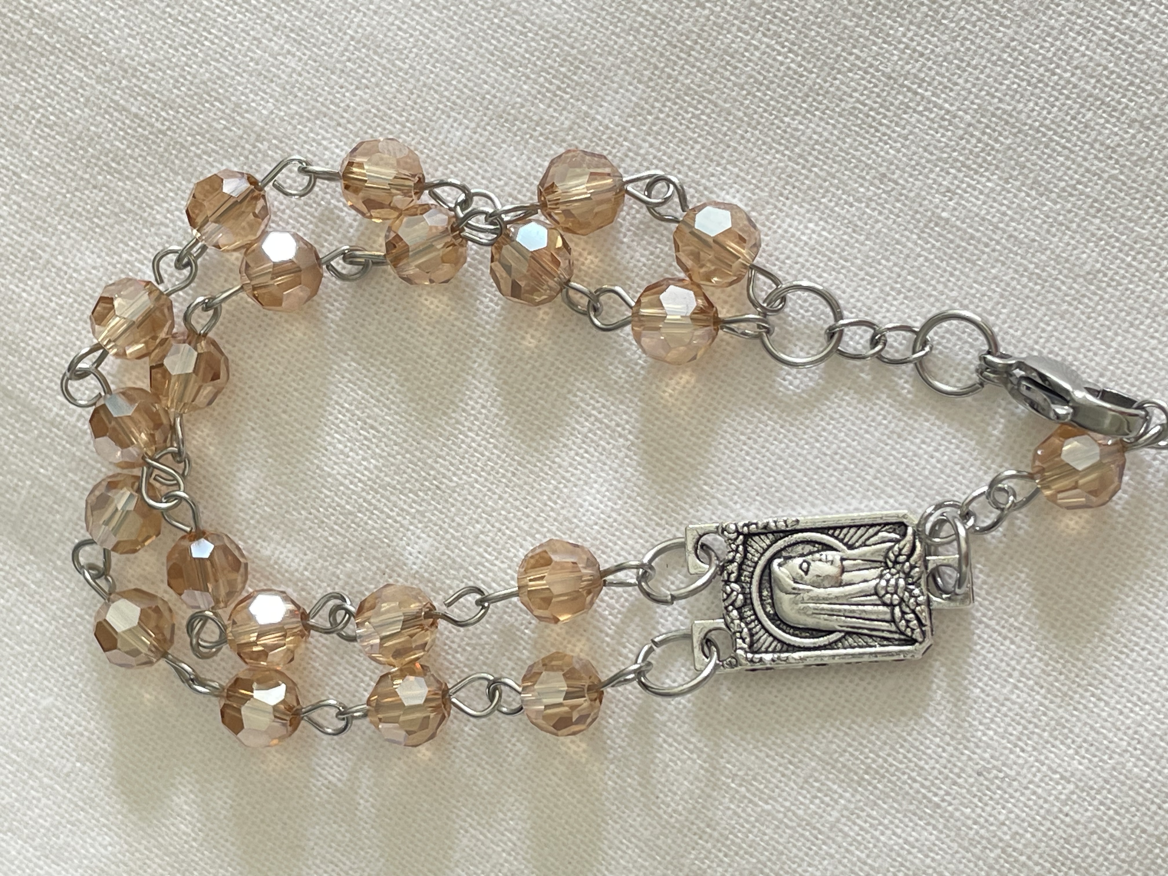 2 Decade Gold Champagne Faceted Glass Rosary Bracelet