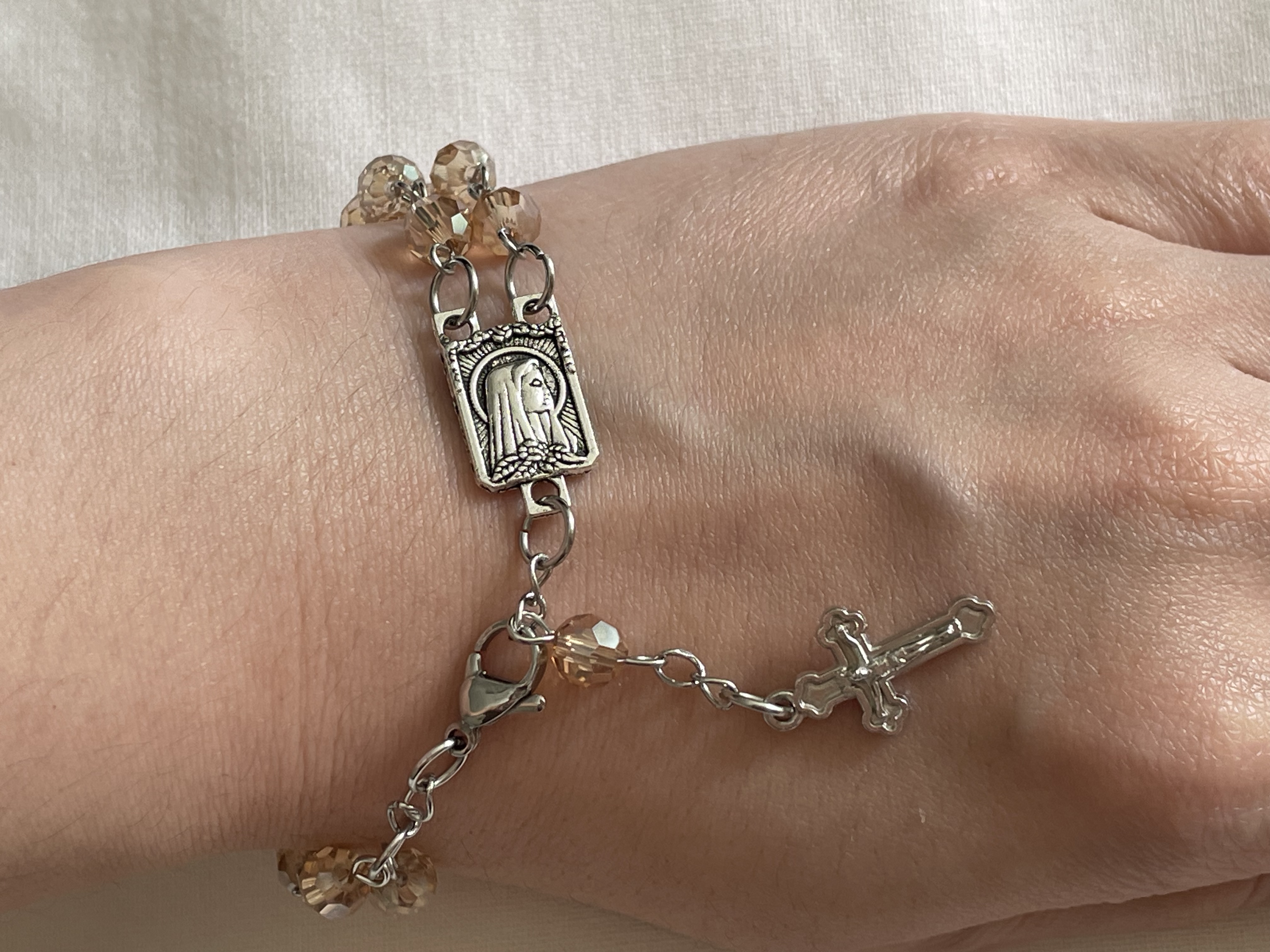 2 Decade Gold Champagne Faceted Glass Rosary Bracelet