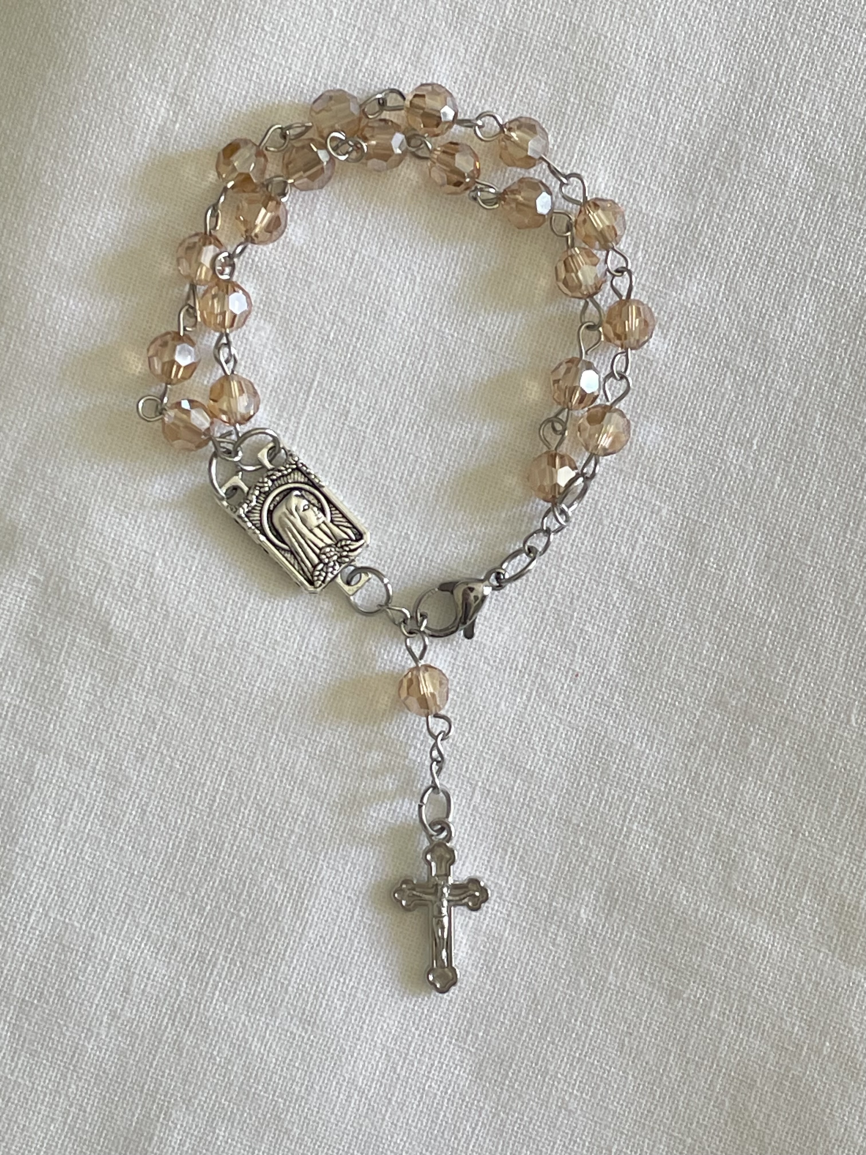 2 Decade Gold Champagne Faceted Glass Rosary Bracelet