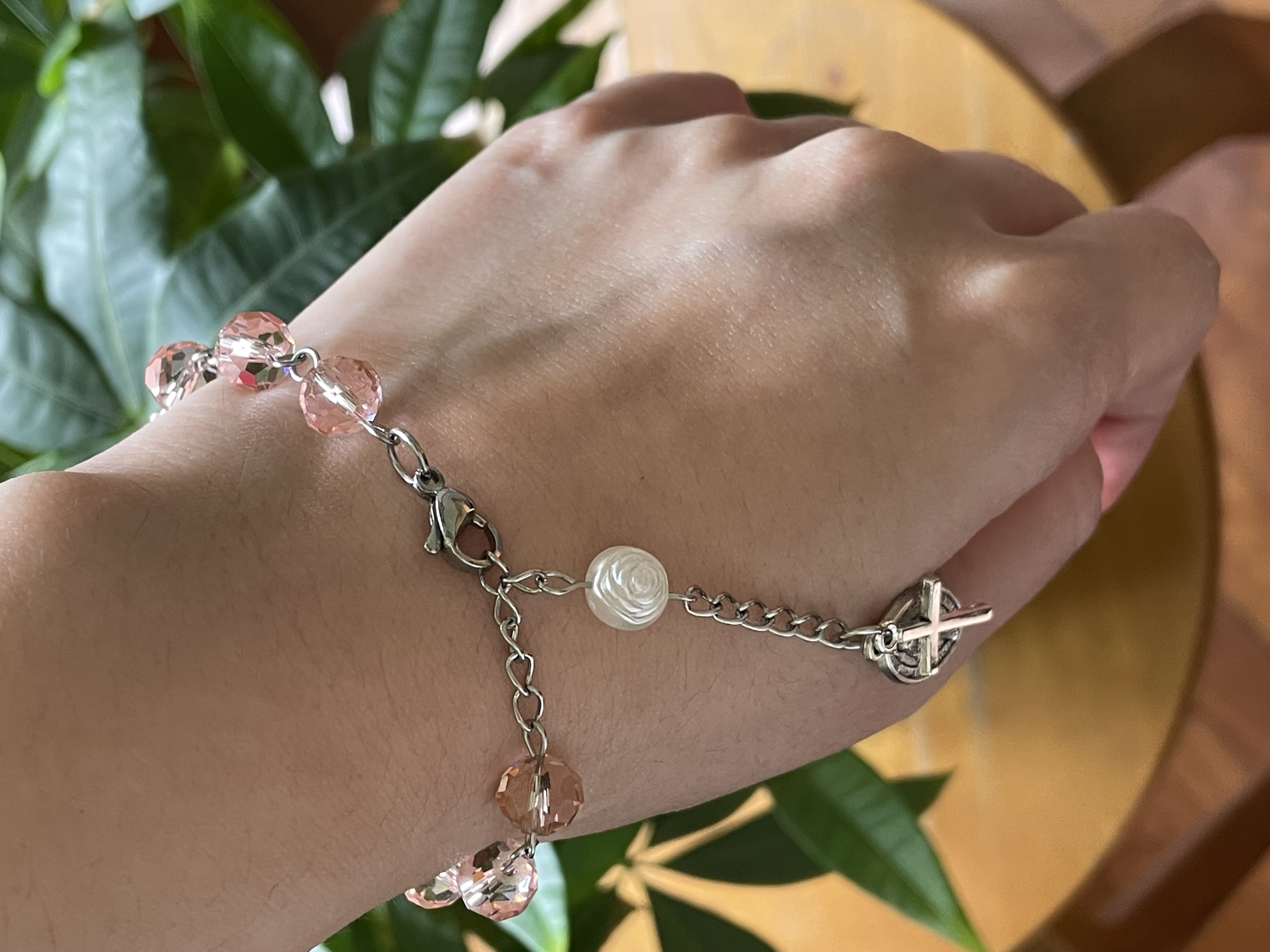 Dusty Pink Faceted Glass Rosary Bracelet