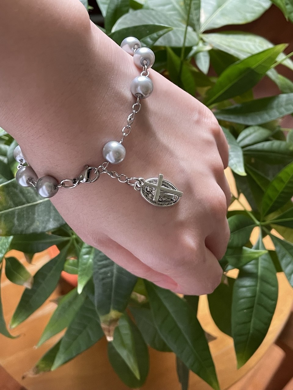 Grey Pearl Glass Rosary Bracelet