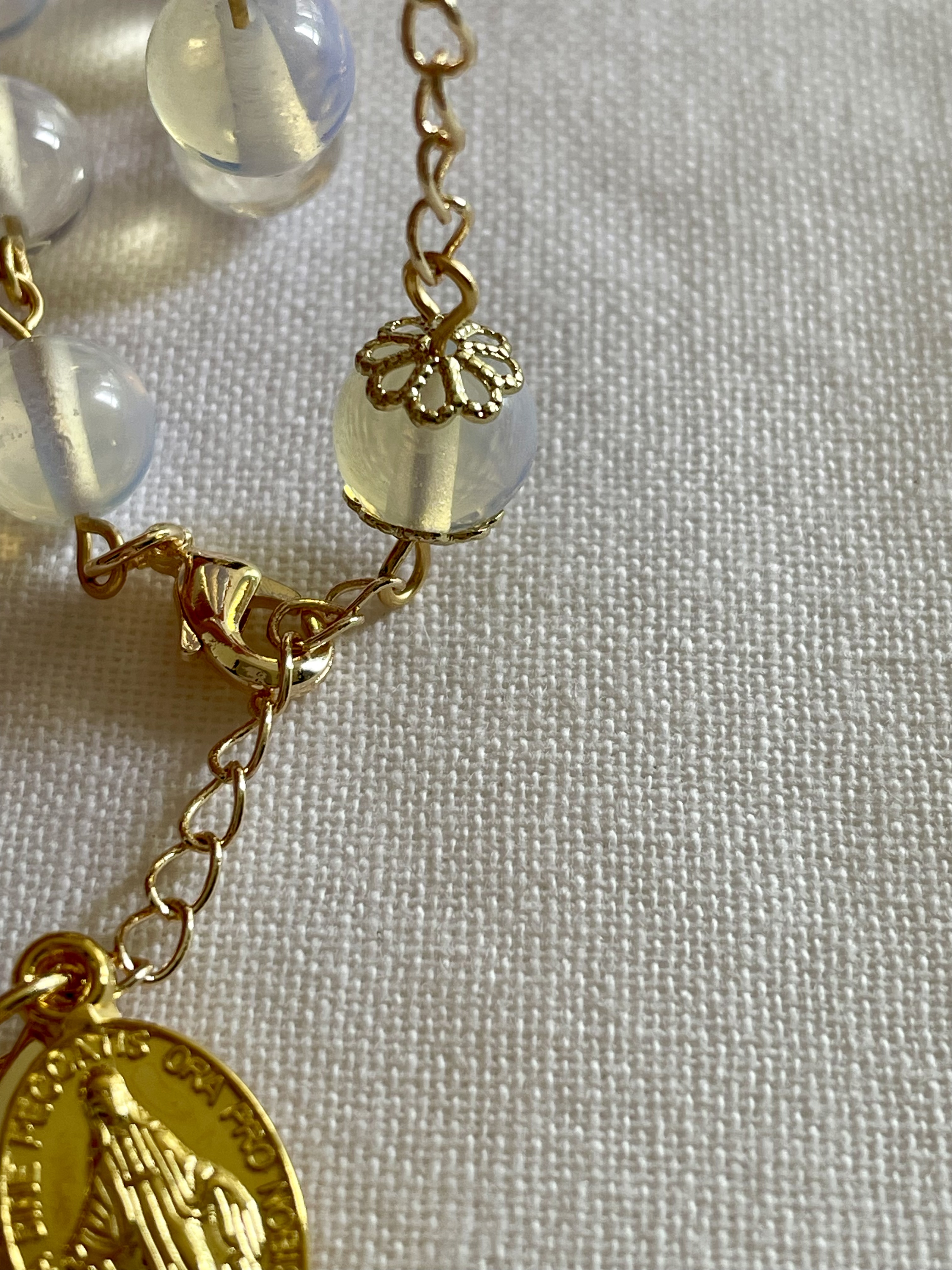Clear Opal Rosary Bracelet with Gold Accents