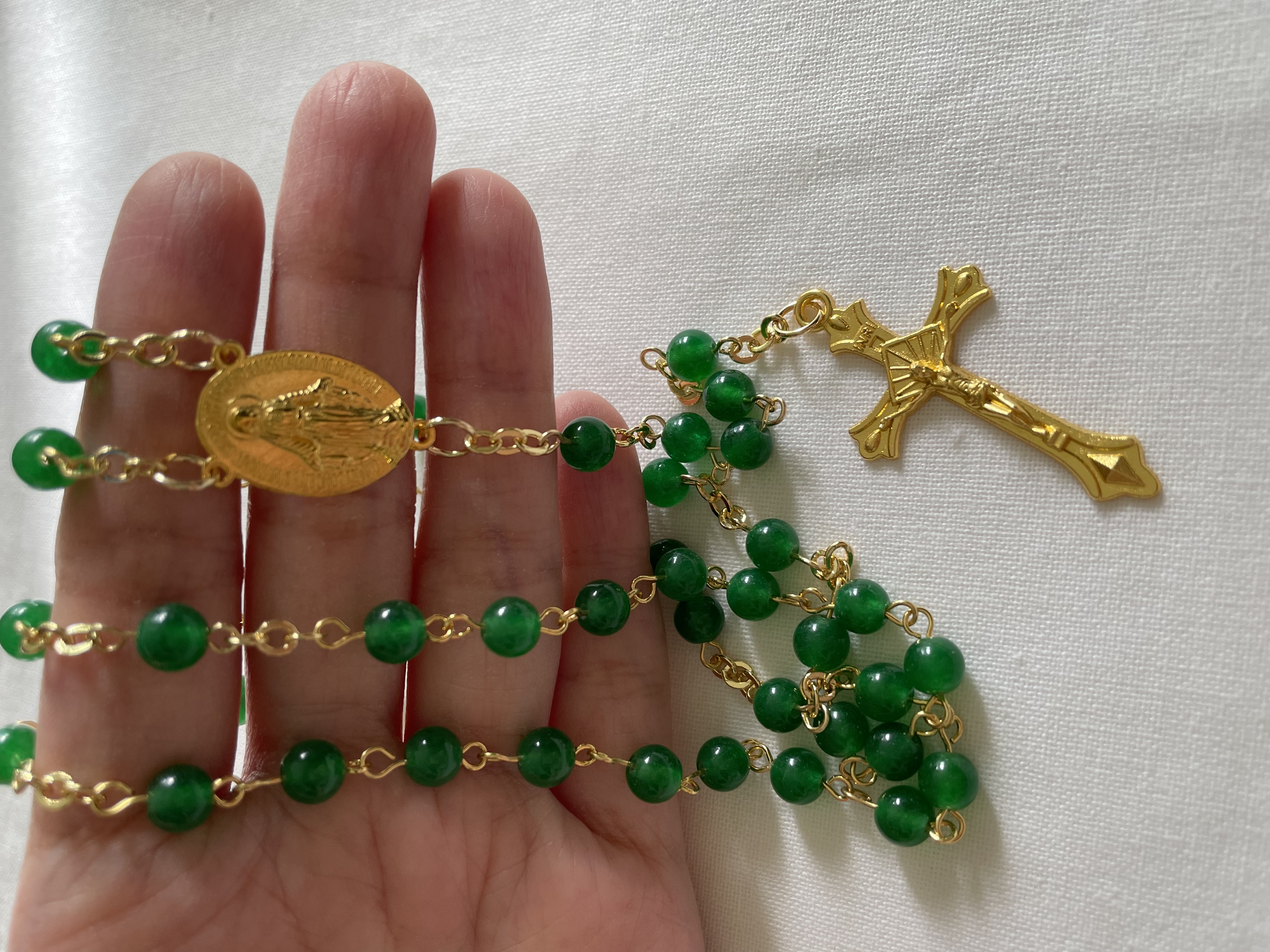 Green Jade Rosary with Gold Accents