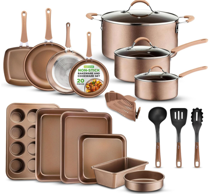 20-Piece Nonstick Kitchen Cookware Set - PFOA/PFOS-Free Heat Resistant Lacquer Kitchen Ware Pots Baking Pan Set w/ Saucepan, Frying Pans, Cooking Pots, Oven Pot, Lids, Utensil 