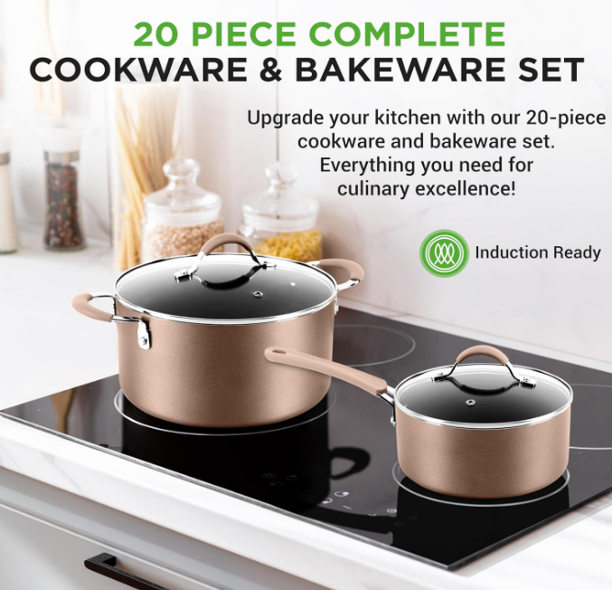 20-Piece Nonstick Kitchen Cookware Set - PFOA/PFOS-Free Heat Resistant Lacquer Kitchen Ware Pots Baking Pan Set w/ Saucepan, Frying Pans, Cooking Pots, Oven Pot, Lids, Utensil 