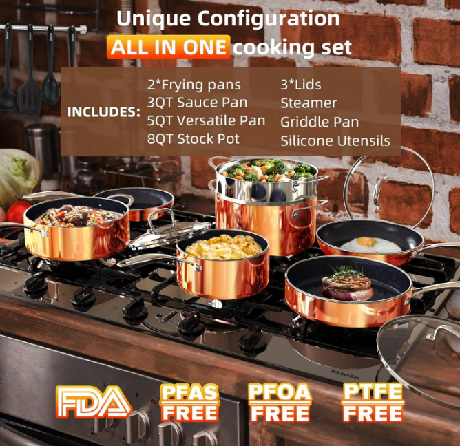 14PC Non-Stick Pots and Pan With 9H Anti-scratch Coating, 2-Layer Healthy Ceramic&PFAS Free, Sensitively&Evenly Induction Cooking, Enhanced Flavor with Infrared Cookware, Dishwasher Safe