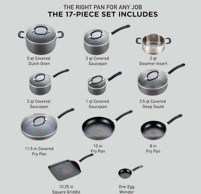 Ultimate Hard Anodized Nonstick Cookware Set 17 Piece, Oven Broiler Safe 400F, Lid Safe 350F, Kitchen Cooking Set w/ Fry Pans, Saucepans, Saute Pan, Griddle, Pots and Pans, Dishwasher Safe Black