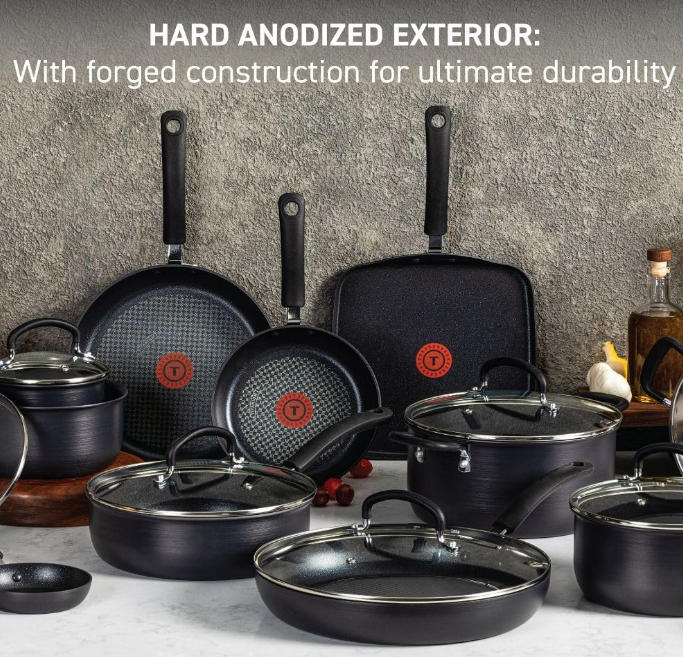 Ultimate Hard Anodized Nonstick Cookware Set 17 Piece, Oven Broiler Safe 400F, Lid Safe 350F, Kitchen Cooking Set w/ Fry Pans, Saucepans, Saute Pan, Griddle, Pots and Pans, Dishwasher Safe Black