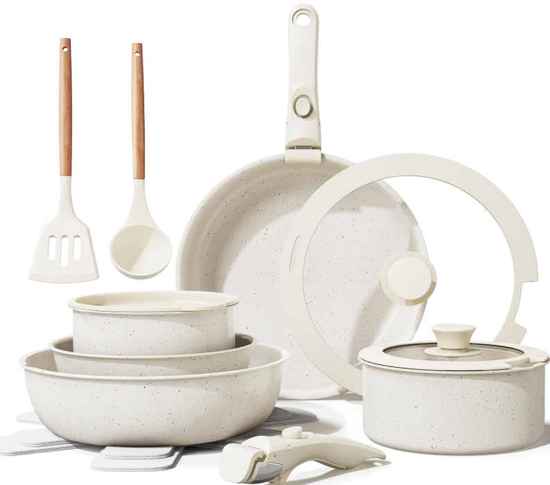 Ceramic Nonstick Cookware Set, Healthy,Non Toxic,17-Pieces Pots and Pans Set Removable Handles,Induction RV Kitchen Set,Stain & Scratch-resistant,Dishwasher/Oven Safe,PFAS/PFOA Free,Cream White