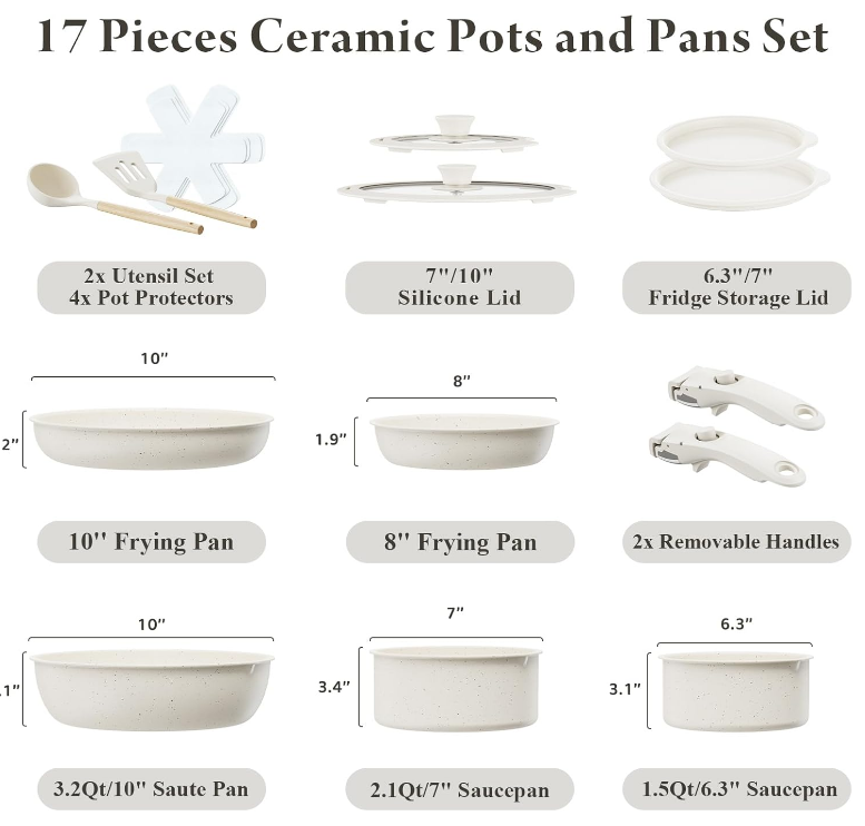 Ceramic Nonstick Cookware Set, Healthy,Non Toxic,17-Pieces Pots and Pans Set Removable Handles,Induction RV Kitchen Set,Stain & Scratch-resistant,Dishwasher/Oven Safe,PFAS/PFOA Free,Cream White