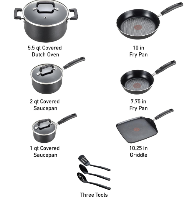 Signature Nonstick Cookware Set 12 Piece, Oven Broiler Safe 350F, Pots and Pans, Kitchen Cooking Set w/ Fry Pans, Saucepans, Saute Pan, Dutch Oven, Griddle, Kitchen, Home, Dishwasher Safe, Black