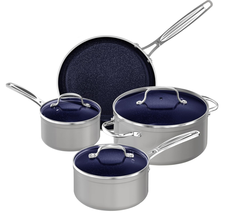 7pc Cookware Set Healthy Duralon Blue Ceramic Nonstick Coated, Diamond Infused Scratch-Resistant, PFAS Free, Oven Safe, Induction Ready & Evenly Heats, Tempered Glass Lids & Stay-Cool Handle
